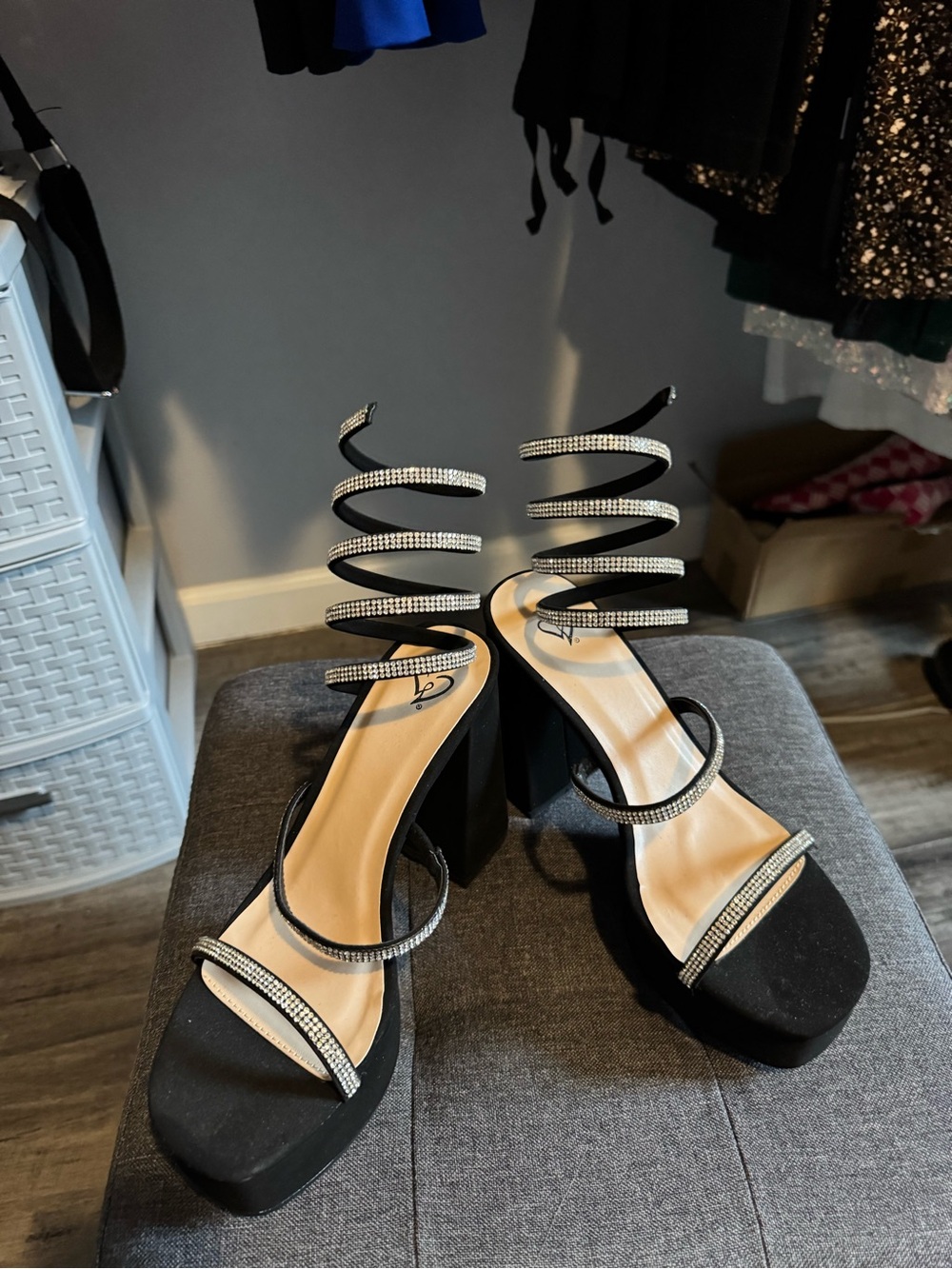 Elegant Black Rhinestone Spiral-Strap Block Heels